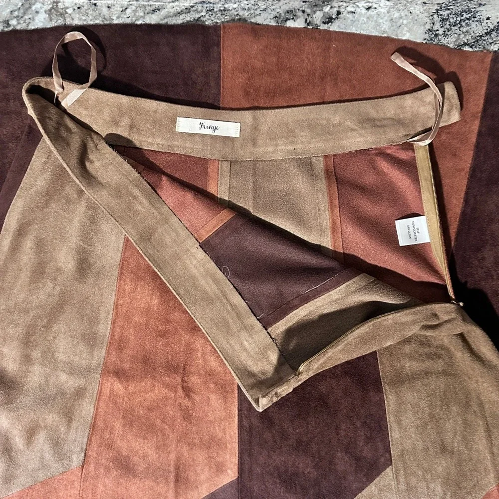 Fringe Faux Suede Patchwork Maxi Skirt Brown Tan Rust Boho CP-6286 Size Large - Picture 5 of 8